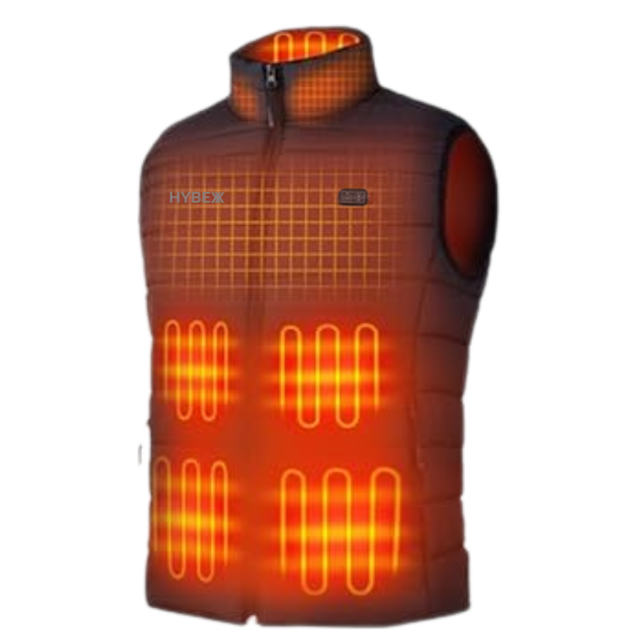 Black puffer vest with 'HYBEXX' branding on a white background