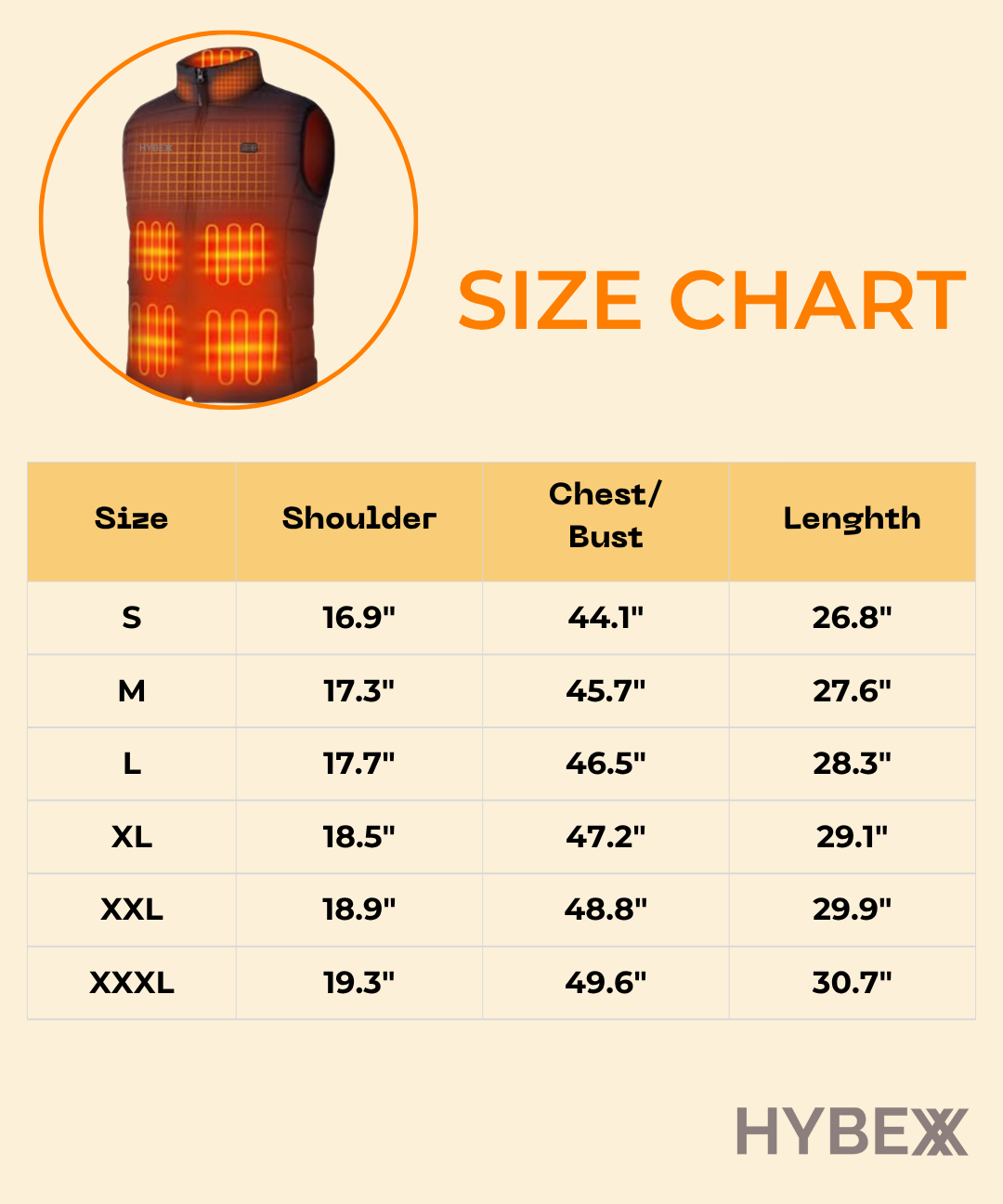 Size chart for a heated vest with HYBEXX branding
