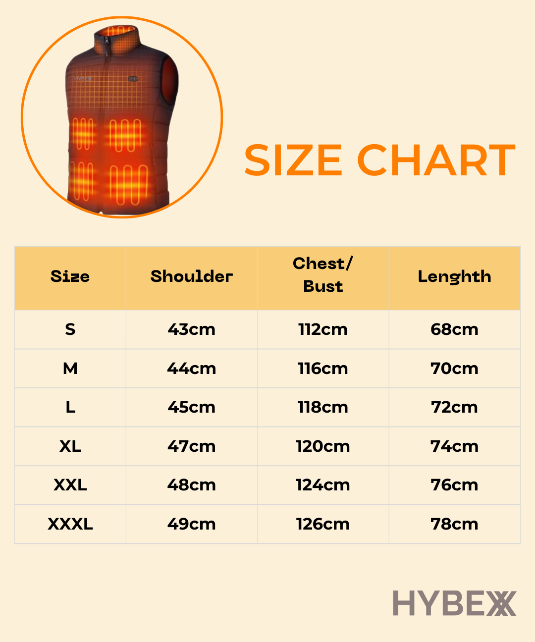 Size chart for a heated vest with HYBEX branding