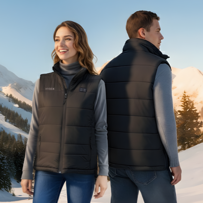 Two people wearing black puffer vests in a snowy mountain landscape