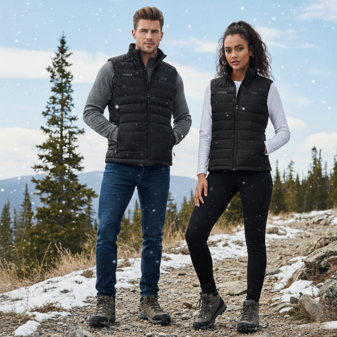Two people wearing black puffer vests in a snowy landscape with trees and mountains.