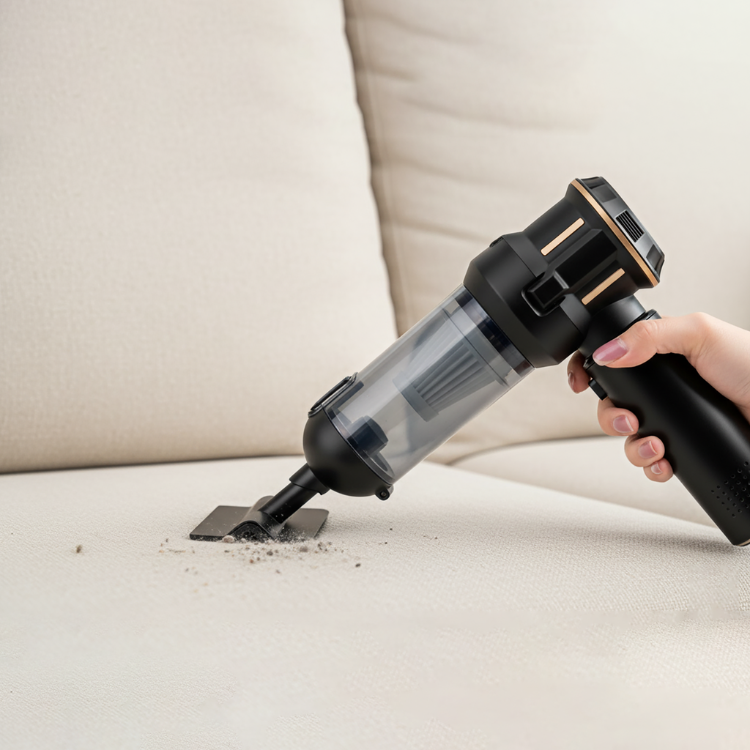 Hand using a handheld vacuum cleaner to clean a beige sofa.