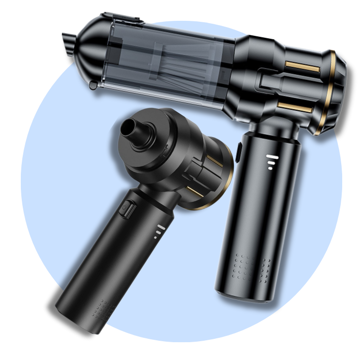 Black handheld vacuum cleaner on a light blue background