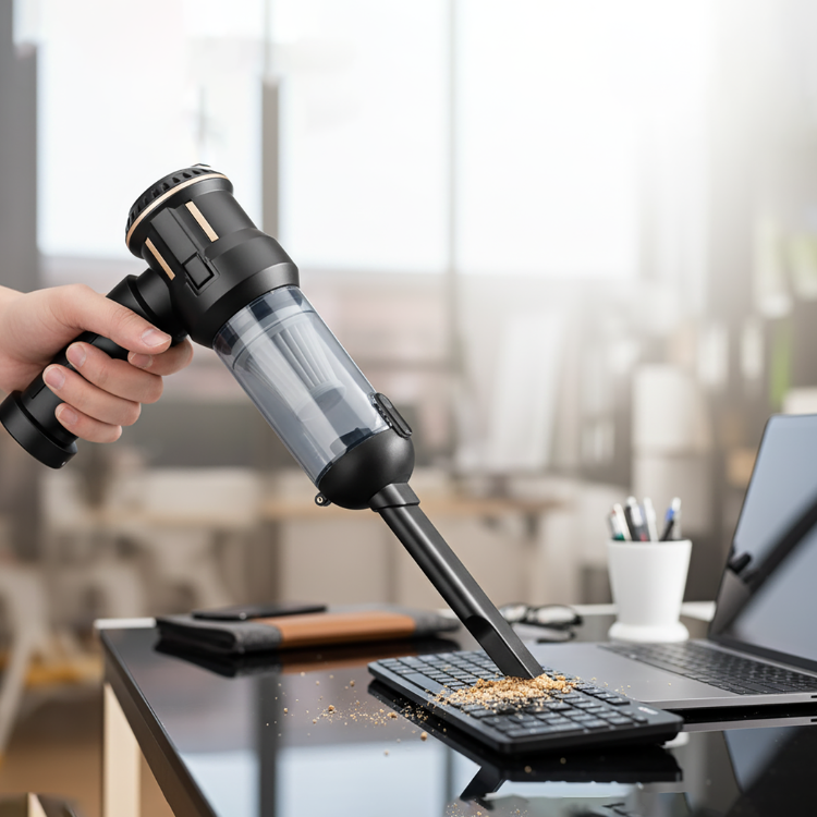 Hand using a handheld vacuum cleaner to clean a desk with a laptop and office supplies.