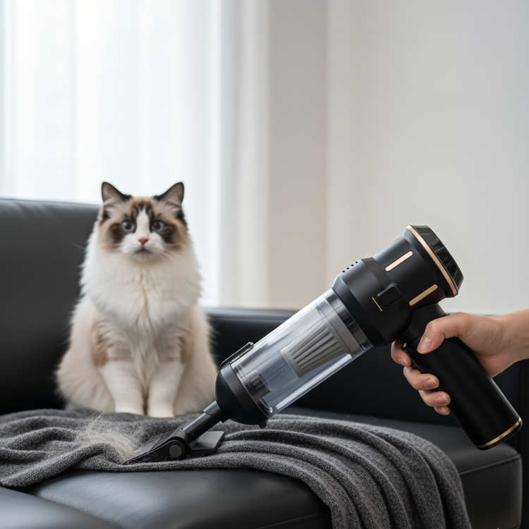Person using a handheld vacuum cleaner on a couch with a cat sitting nearby