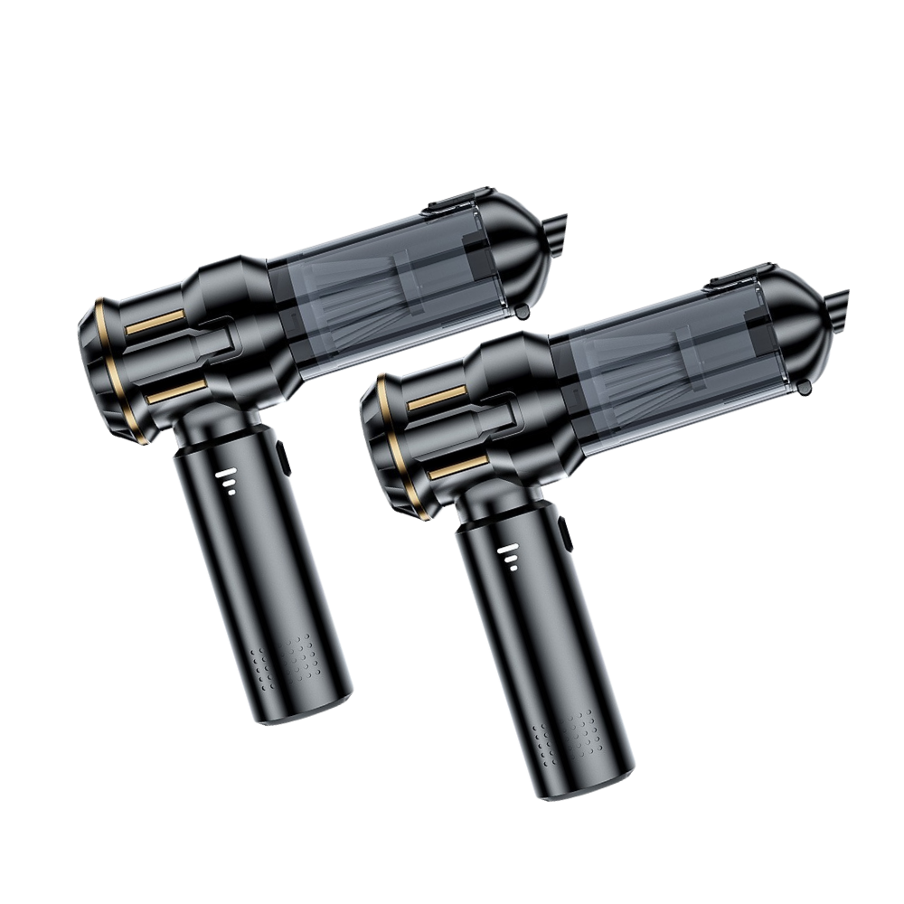 Two black and gold cylindrical vacuum on a transparent background