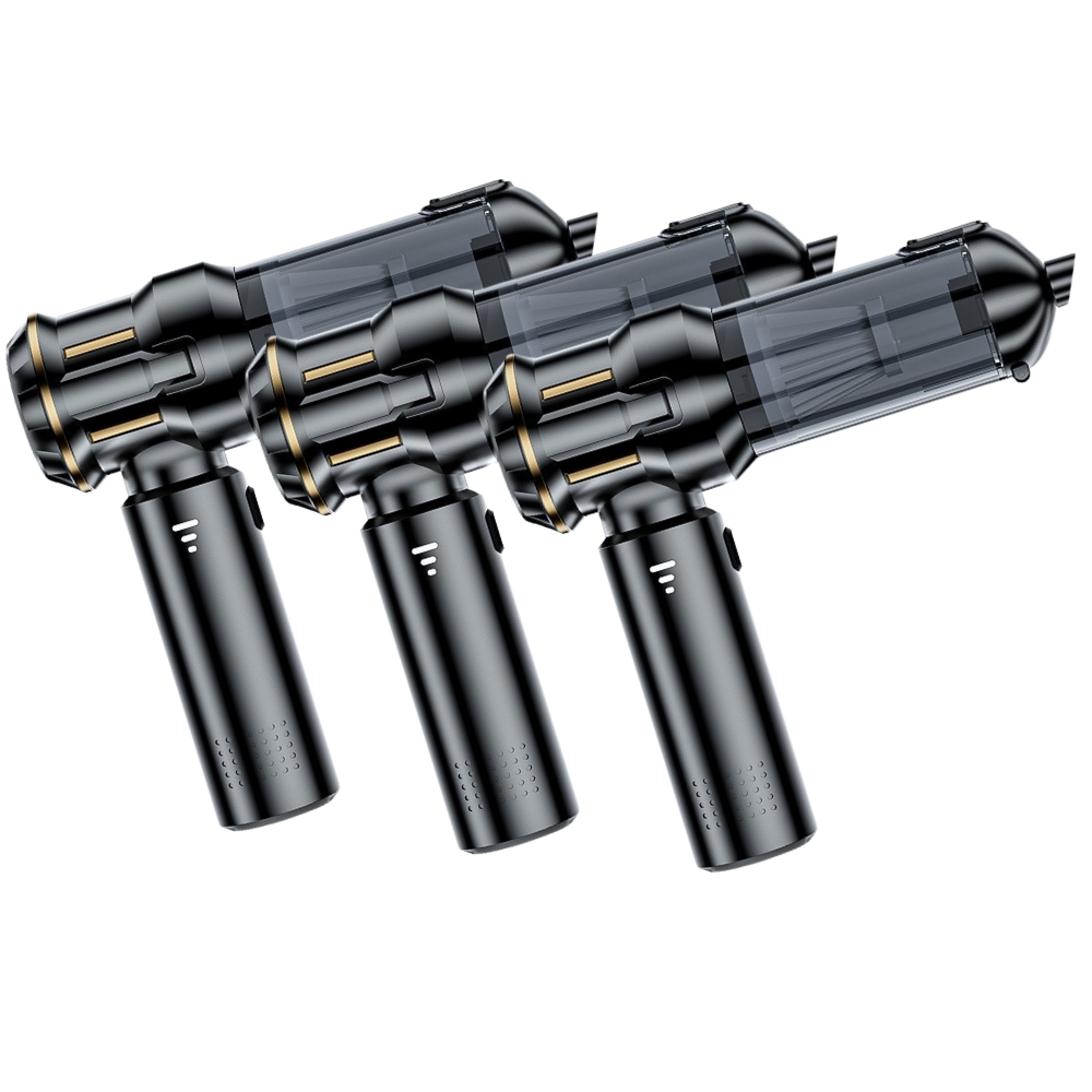 Three black and gold cylindrical vacuum on a transparent background