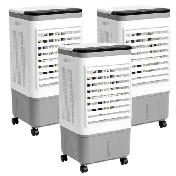 Three portable air coolers with white and gray design on a white background